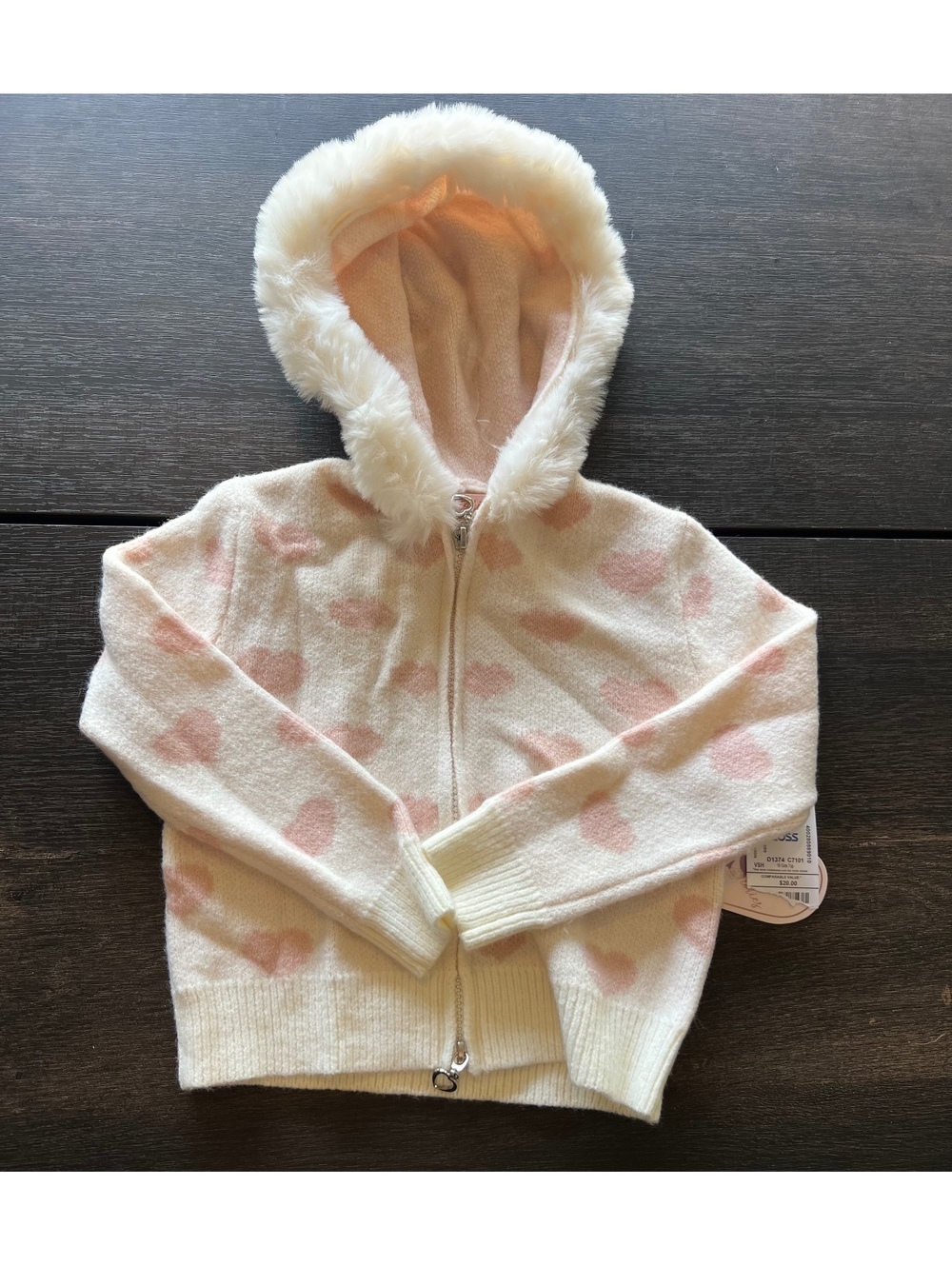 Sweet Jolie Girls Size 4 Ivory Pink Heart Hooded Zip Sweater Faux Fur Trim
